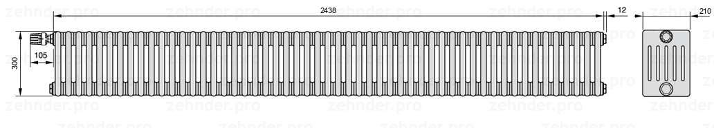 Схема (чертеж) Радиатор Zehnder Charleston 6030/53 №V012 Белый глянцевый RAL 9016